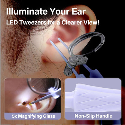 15-teiliges Ohrenschmalz-Entfernungswerkzeug-Set mit LED-Licht – Ohrreinigungs-Kit für Kinder und Erwachsene, Ohrreiniger, Löffel, Pinzette und Spiralfeder – Lila
