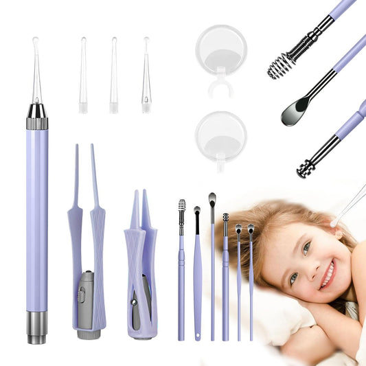 15-teiliges Ohrenschmalz-Entfernungswerkzeug-Set mit LED-Licht – Ohrreinigungs-Kit für Kinder und Erwachsene, Ohrreiniger, Löffel, Pinzette und Spiralfeder – Lila