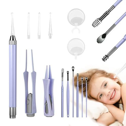15-teiliges Ohrenschmalz-Entfernungswerkzeug-Set mit LED-Licht – Ohrreinigungs-Kit für Kinder und Erwachsene, Ohrreiniger, Löffel, Pinzette und Spiralfeder – Lila