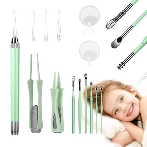 15-teiliges Ohrenschmalz-Entfernungsset mit LED-Licht – Ohrreinigungsset für Kinder und Erwachsene, Ohrpickel, Pinzette und Spiralfeder-Löffel (Grün)