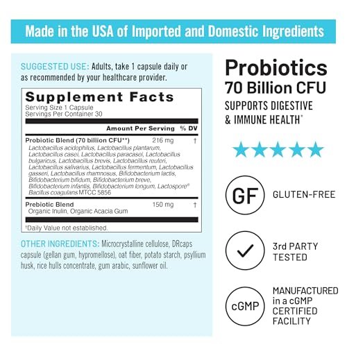 NatureWise Probiotika 70 Milliarden KBE - 17 Stämme + Organische Präbiotika - Unterstützung für Immunsystem, Verdauung & Darmgesundheit für Frauen & Männer - Vegetarisch, Glutenfrei, Ohne Gentechnik - 30 Kapseln [1-Monatsvorrat]