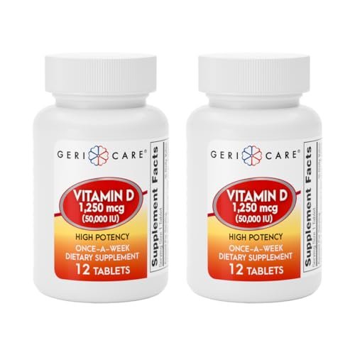 GeriCare Vitamin D 1.250 mcg (50.000 IE) Hochdosiert – Unterstützt Knochendichte, Muskelgesundheit, Immunfunktion und Kalziumaufnahme – Einmal wöchentliches Nahrungsergänzungsmittel, 12 Kapseln (2er-Pack)