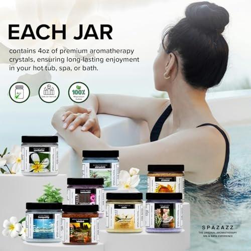 Spazazz Hot Tub Aromatherapie Badesalz 8er-Pack Botanicals Bundle (4 Unzen) - Apfel Sandelholz, French Vanille, Flora Wood, Ocean Breeze, Piña Colada, Honig Mango, Tropischer Regen, Eukalyptus mit Kalt-Warm-Tuch
