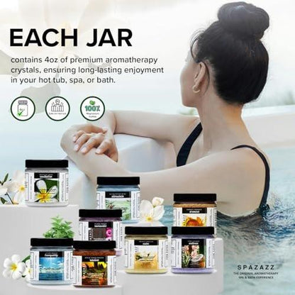 Spazazz Hot Tub Aromatherapie Badesalz 8er-Pack Botanicals Bundle (4 Unzen) - Apfel Sandelholz, French Vanille, Flora Wood, Ocean Breeze, Piña Colada, Honig Mango, Tropischer Regen, Eukalyptus mit Kalt-Warm-Tuch