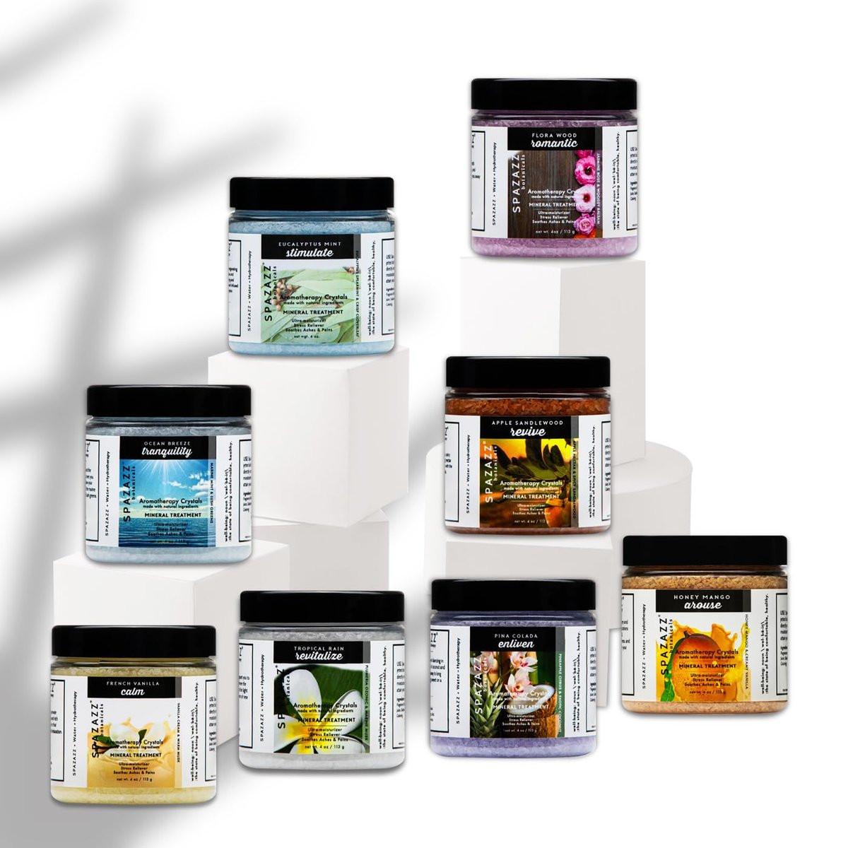 Spazazz Hot Tub Aromatherapie Badesalz 8er-Pack Botanicals Bundle (4 Unzen) - Apfel Sandelholz, French Vanille, Flora Wood, Ocean Breeze, Piña Colada, Honig Mango, Tropischer Regen, Eukalyptus mit Kalt-Warm-Tuch