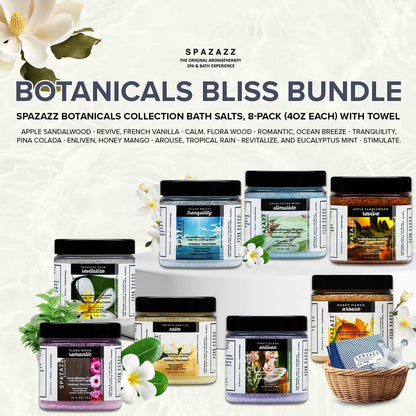 Spazazz Hot Tub Aromatherapie Badesalz 8er-Pack Botanicals Bundle (4 Unzen) - Apfel Sandelholz, French Vanille, Flora Wood, Ocean Breeze, Piña Colada, Honig Mango, Tropischer Regen, Eukalyptus mit Kalt-Warm-Tuch