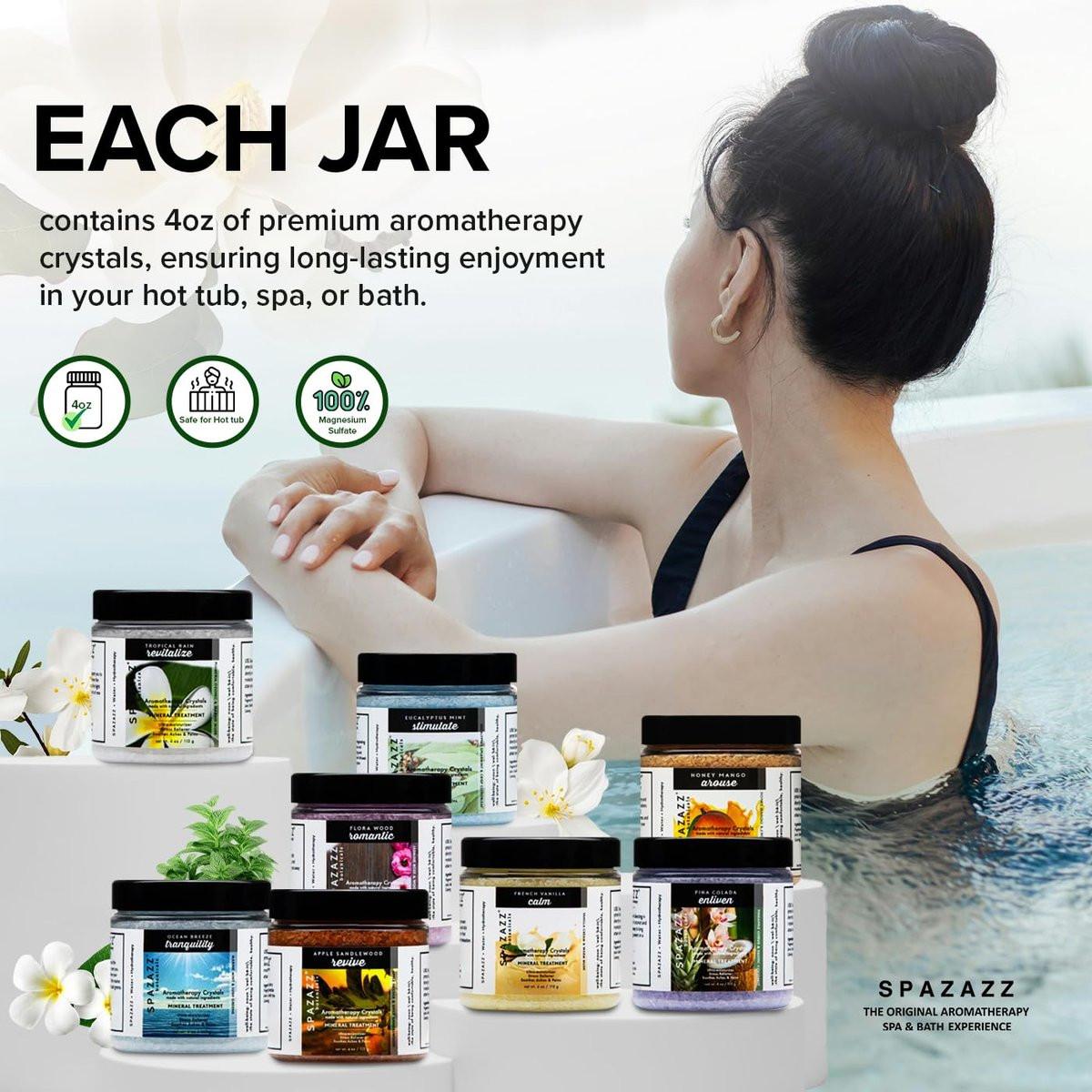 Spazazz Hot Tub Aromatherapie Badesalz 8er-Pack Botanicals Bundle (4 Unzen) - Apfel Sandelholz, French Vanille, Flora Wood, Ocean Breeze, Piña Colada, Honig Mango, Tropischer Regen, Eukalyptus mit Kalt-Warm-Tuch