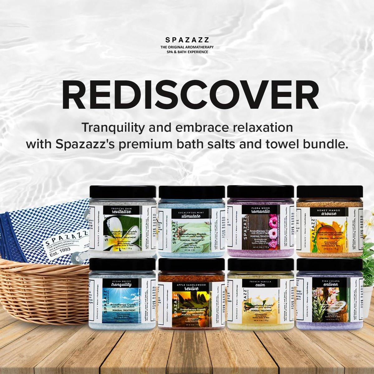 Spazazz Hot Tub Aromatherapie Badesalz 8er-Pack Botanicals Bundle (4 Unzen) - Apfel Sandelholz, French Vanille, Flora Wood, Ocean Breeze, Piña Colada, Honig Mango, Tropischer Regen, Eukalyptus mit Kalt-Warm-Tuch