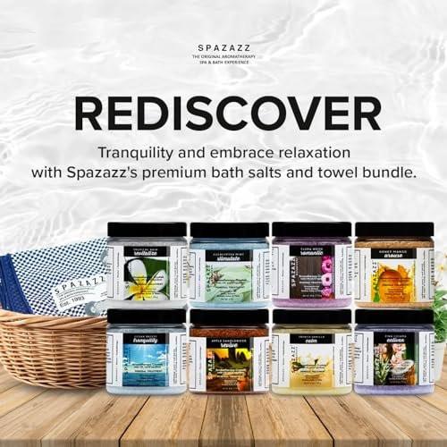 Spazazz Hot Tub Aromatherapie Badesalz 8er-Pack Botanicals Bundle (4 Unzen) - Apfel Sandelholz, French Vanille, Flora Wood, Ocean Breeze, Piña Colada, Honig Mango, Tropischer Regen, Eukalyptus mit Kalt-Warm-Tuch