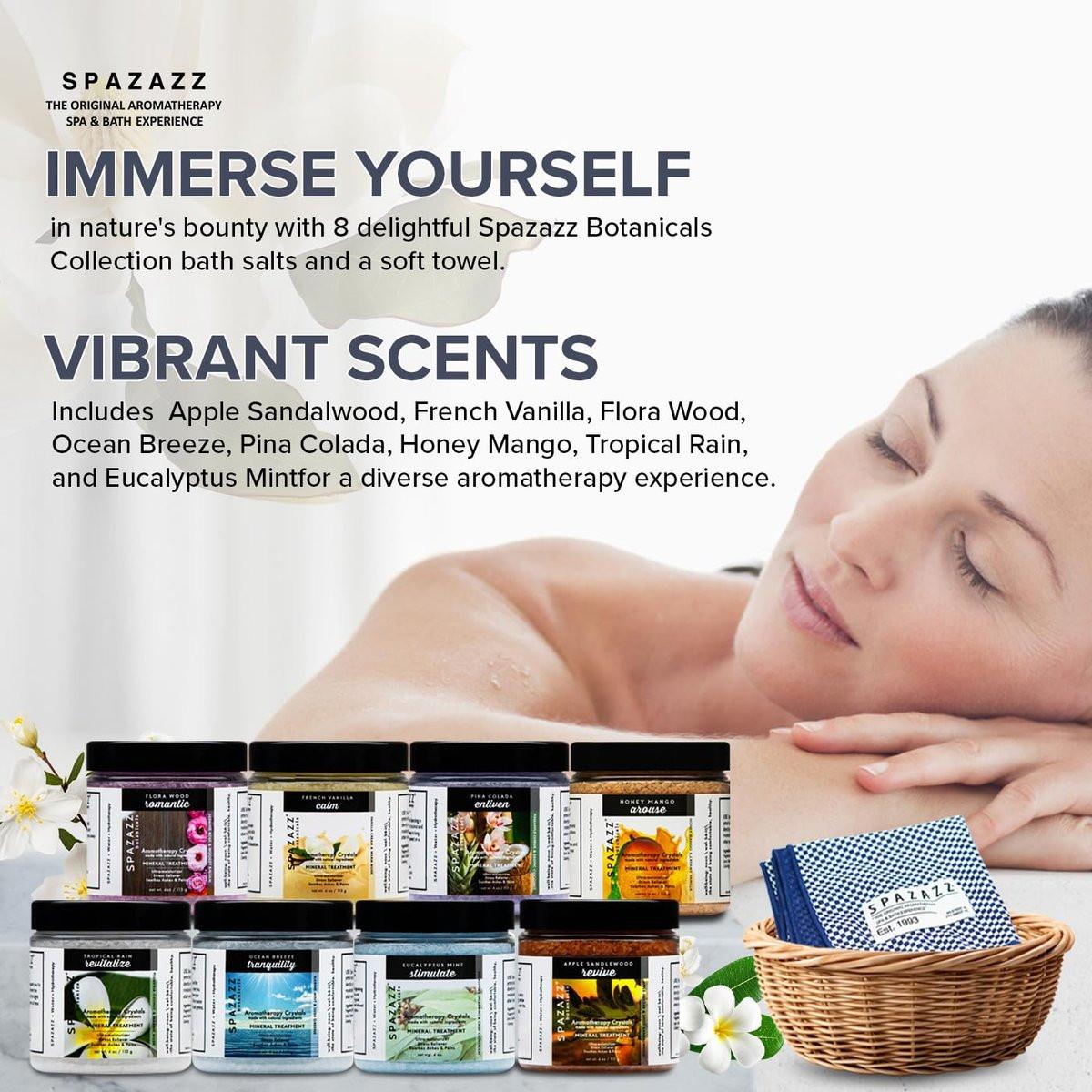 Spazazz Hot Tub Aromatherapie Badesalz 8er-Pack Botanicals Bundle (4 Unzen) - Apfel Sandelholz, French Vanille, Flora Wood, Ocean Breeze, Piña Colada, Honig Mango, Tropischer Regen, Eukalyptus mit Kalt-Warm-Tuch