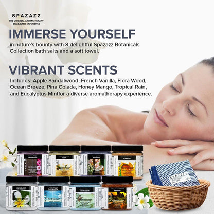 Spazazz Hot Tub Aromatherapie Badesalz 8er-Pack Botanicals Bundle (4 Unzen) - Apfel Sandelholz, French Vanille, Flora Wood, Ocean Breeze, Piña Colada, Honig Mango, Tropischer Regen, Eukalyptus mit Kalt-Warm-Tuch