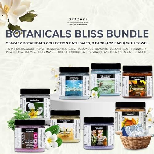 Spazazz Hot Tub Aromatherapie Badesalz 8er-Pack Botanicals Bundle (4 Unzen) - Apfel Sandelholz, French Vanille, Flora Wood, Ocean Breeze, Piña Colada, Honig Mango, Tropischer Regen, Eukalyptus mit Kalt-Warm-Tuch