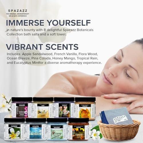 Spazazz Hot Tub Aromatherapie Badesalz 8er-Pack Botanicals Bundle (4 Unzen) - Apfel Sandelholz, French Vanille, Flora Wood, Ocean Breeze, Piña Colada, Honig Mango, Tropischer Regen, Eukalyptus mit Kalt-Warm-Tuch