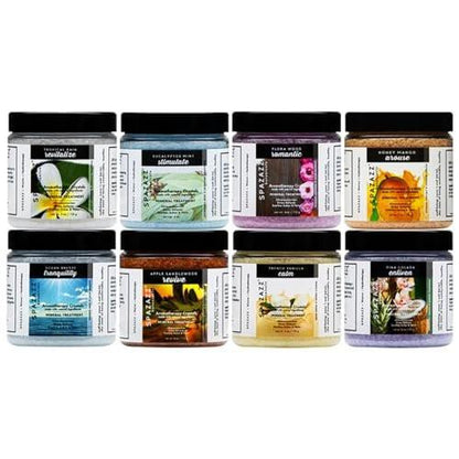 Spazazz Hot Tub Aromatherapie Badesalz 8er-Pack Botanicals Bundle (4 Unzen) - Apfel Sandelholz, French Vanille, Flora Wood, Ocean Breeze, Piña Colada, Honig Mango, Tropischer Regen, Eukalyptus mit Kalt-Warm-Tuch