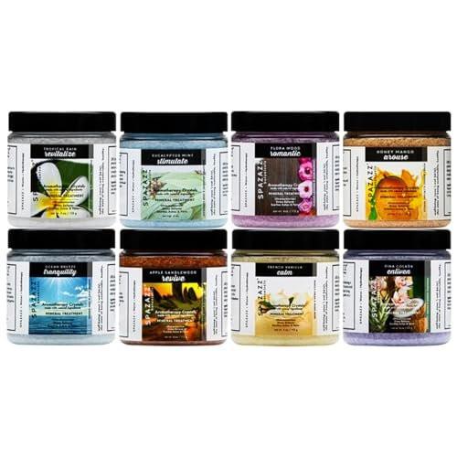 Spazazz Hot Tub Aromatherapie Badesalz 8er-Pack Botanicals Bundle (4 Unzen) - Apfel Sandelholz, French Vanille, Flora Wood, Ocean Breeze, Piña Colada, Honig Mango, Tropischer Regen, Eukalyptus mit Kalt-Warm-Tuch