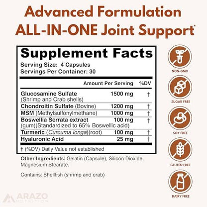 Arazo Nutrition Glucosamin Chondroitin Kurkuma MSM Boswellia – Gelenkunterstützung für Knochen, Rücken, Knie, Hände (120 Kapseln)