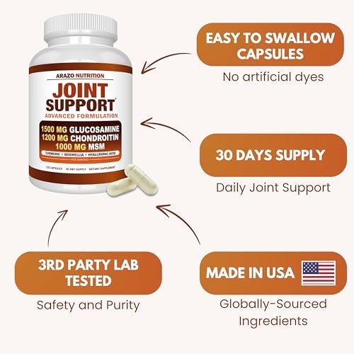 Arazo Nutrition Glucosamin Chondroitin Kurkuma MSM Boswellia – Gelenkunterstützung für Knochen, Rücken, Knie, Hände (120 Kapseln)