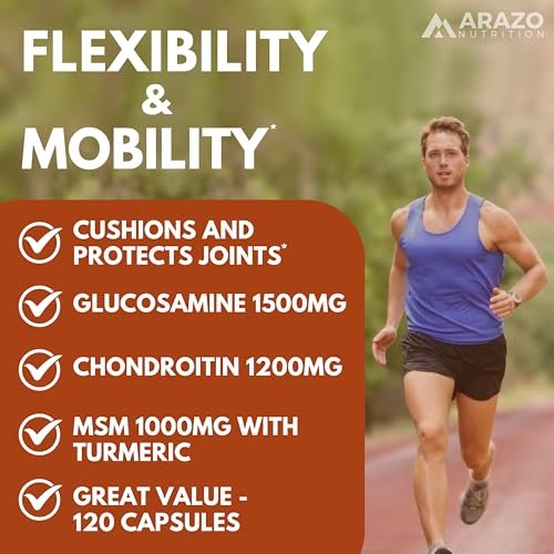 Arazo Nutrition Glucosamin Chondroitin Kurkuma MSM Boswellia – Gelenkunterstützung für Knochen, Rücken, Knie, Hände (120 Kapseln)