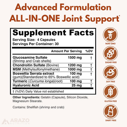 Arazo Nutrition Glucosamin Chondroitin Kurkuma MSM Boswellia – Gelenkunterstützung für Knochen, Rücken, Knie, Hände (120 Kapseln)
