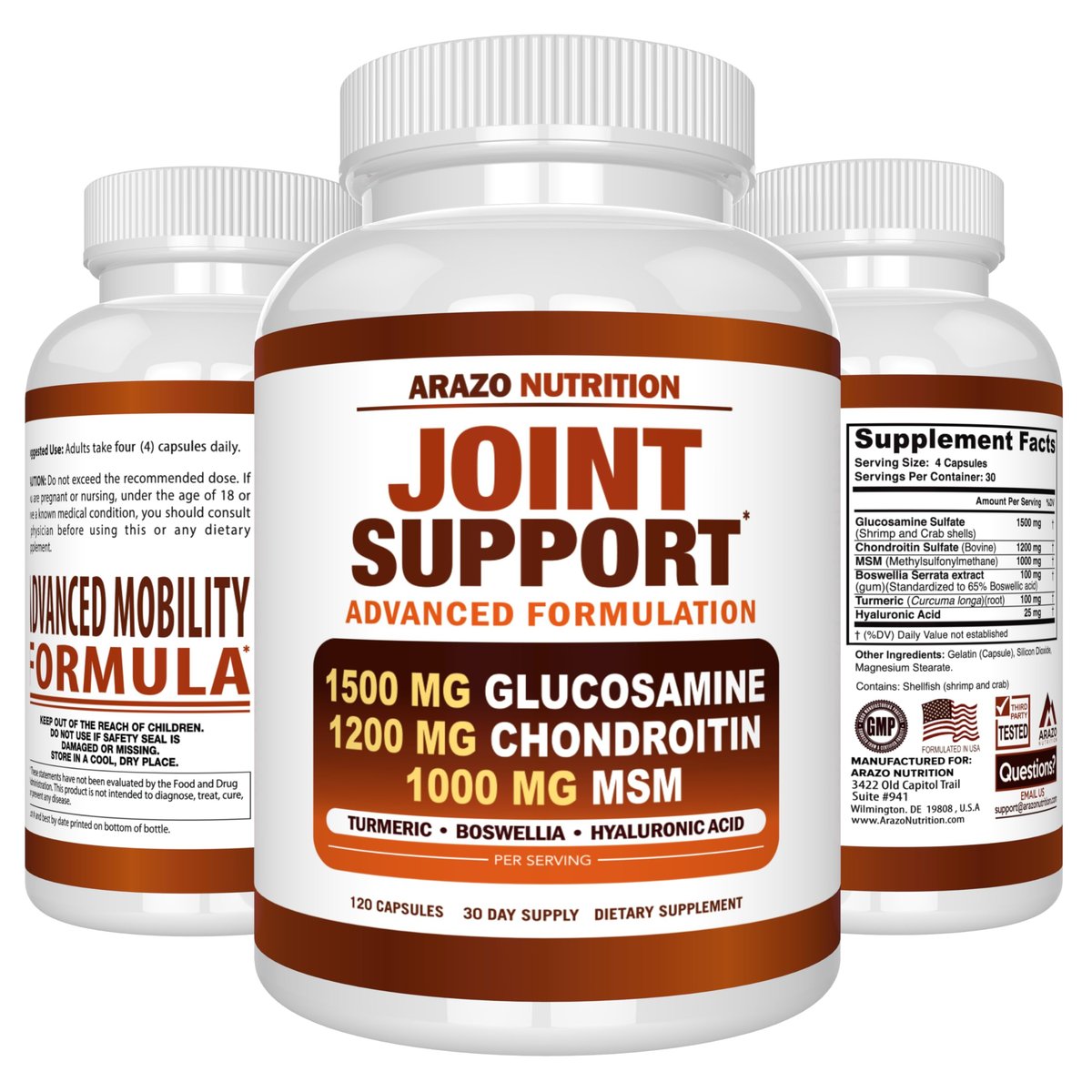 Arazo Nutrition Glucosamin Chondroitin Kurkuma MSM Boswellia – Gelenkunterstützung für Knochen, Rücken, Knie, Hände (120 Kapseln)