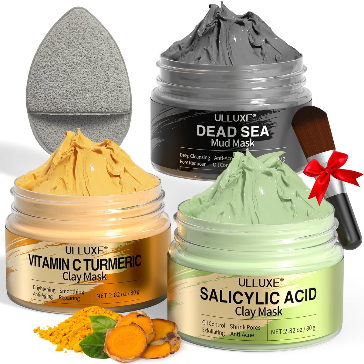 Gesichtsmaske Set mit Vitamin C und Kurkuma - Totes Meer Schlamm & Salicylsäure (BHA) Maske für Porenreinigung, Aufhellung, Mitesser & dunkle Flecken, Gesichtsmasken Hautpflege Geschenk für Frauen, 3x 80 g