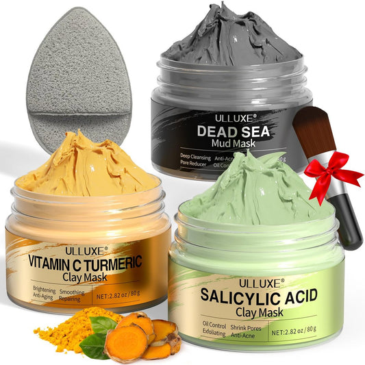 Gesichtsmaske Set mit Vitamin C und Kurkuma - Totes Meer Schlamm & Salicylsäure (BHA) Maske für Porenreinigung, Aufhellung, Mitesser & dunkle Flecken, Gesichtsmasken Hautpflege Geschenk für Frauen, 3x 80 g