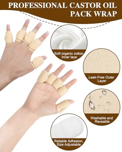 Uwbettry 10-teiliges Rizinusöl-Pack-Wrap für Finger, wiederverwendbare Rizinusöl-Kompresse für Finger und Daumen, weiche Bio-Baumwolle, selbstklebende verstellbare Fingerwickel