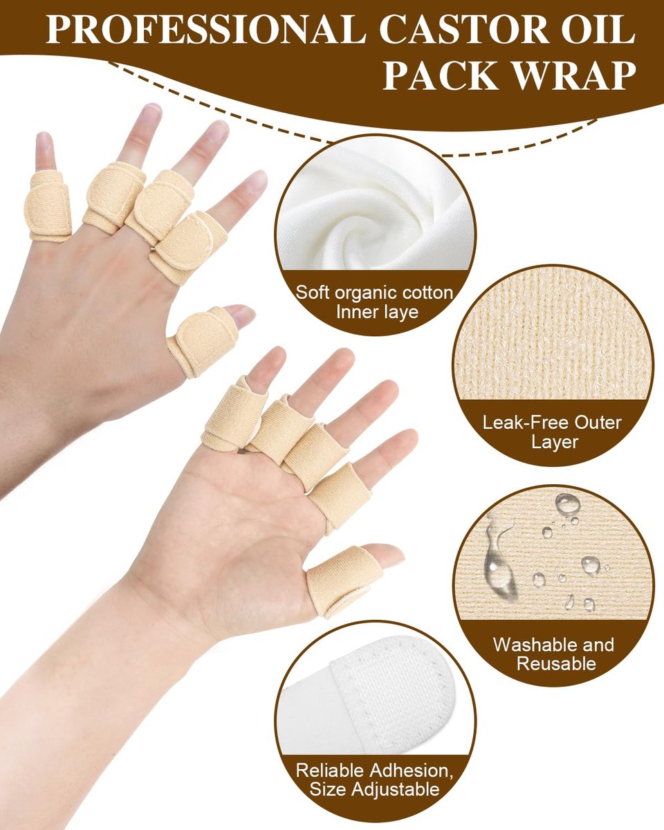 Uwbettry 10-teiliges Rizinusöl-Pack-Wrap für Finger, wiederverwendbare Rizinusöl-Kompresse für Finger und Daumen, weiche Bio-Baumwolle, selbstklebende verstellbare Fingerwickel