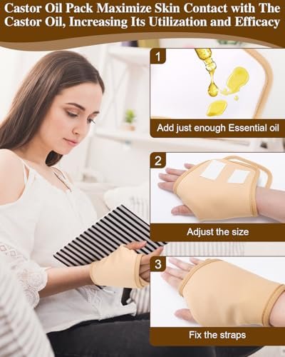 Uwbettry 2er-Pack Rizinusöl-Wickel für Hände, wiederverwendbare Bio-Baumwoll-Pads, selbstklebende, verstellbare Handwickel, auslaufsicher, bequeme Passform (Khaki)