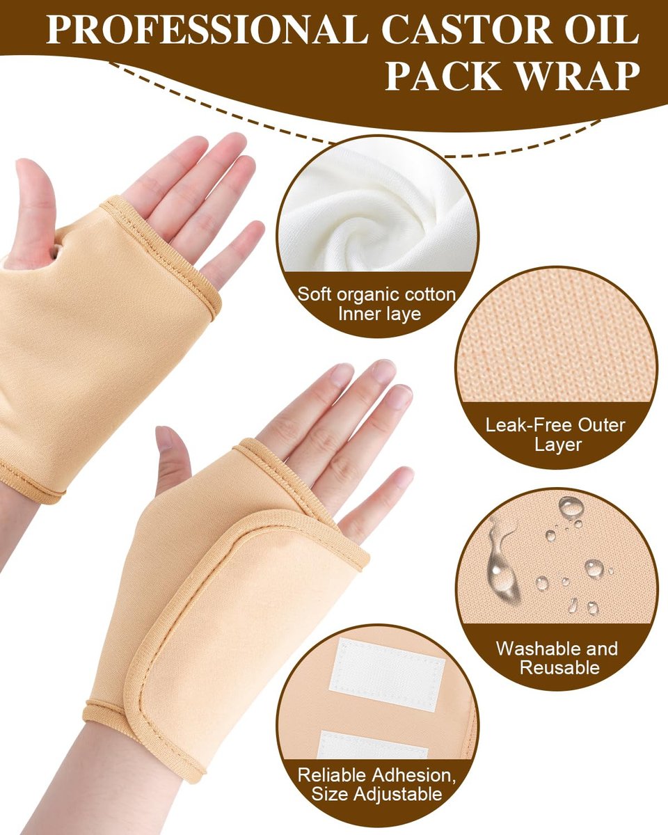 Uwbettry 2er-Pack Rizinusöl-Wickel für Hände, wiederverwendbare Bio-Baumwoll-Pads, selbstklebende, verstellbare Handwickel, auslaufsicher, bequeme Passform (Khaki)