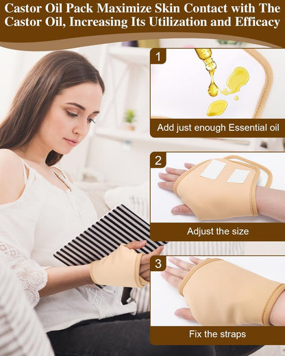 Uwbettry 2er-Pack Rizinusöl-Wickel für Hände, wiederverwendbare Bio-Baumwoll-Pads, selbstklebende, verstellbare Handwickel, auslaufsicher, bequeme Passform (Khaki)