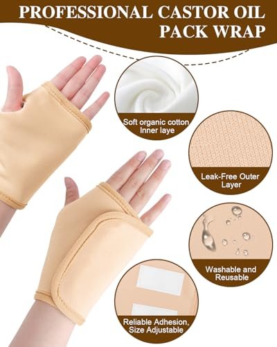 Uwbettry 2er-Pack Rizinusöl-Wickel für Hände, wiederverwendbare Bio-Baumwoll-Pads, selbstklebende, verstellbare Handwickel, auslaufsicher, bequeme Passform (Khaki)