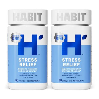 Habit Stress Relief Supplement 2er-Pack (120 Kapseln) - Neues Design, Unterstützt Entspannung & Stimmungsbalance, Vitamin B, Adaptogene, Melisse, Beruhigend, Vegan, Nicht-GVO