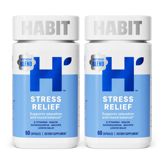 Habit Stress Relief Supplement 2er-Pack (120 Kapseln) - Neues Design, Unterstützt Entspannung & Stimmungsbalance, Vitamin B, Adaptogene, Melisse, Beruhigend, Vegan, Nicht-GVO