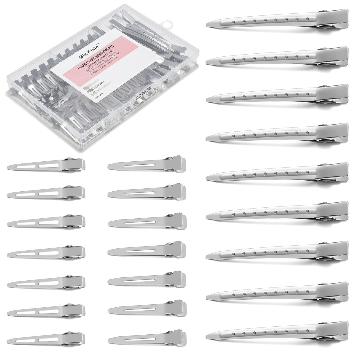 Mia Klein Metall-Haarspangen für Frauen, 60-teiliges Set | Silberne Entenschnabelspangen mit Aufbewahrungsbox | 3 Größen (8,9 cm / 4,6 cm / 4,5 cm) für Haarstyling, Lockenwickler, Salonbedarf und DIY-Basteln