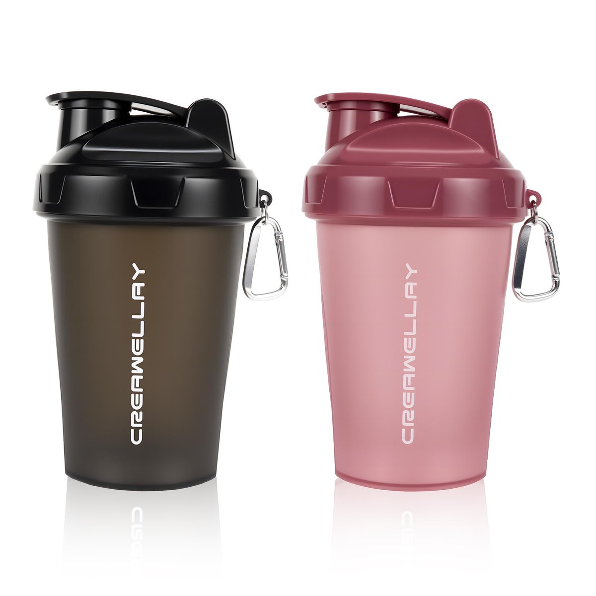 CREAWELLAY 2er-Pack Shakerflaschen für Proteinmischungen, 17 oz Kleine Proteinshakerflasche mit Griff, Gym Shakerbecher mit Mischkugel für Pre-Workout, BPA-frei & spülmaschinenfest (Schwarz, Pink)