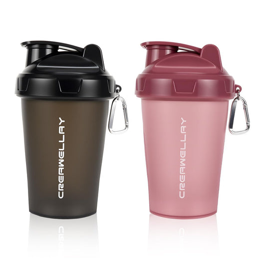 CREAWELLAY 2er-Pack Shakerflaschen für Proteinmischungen, 17 oz Kleine Proteinshakerflasche mit Griff, Gym Shakerbecher mit Mischkugel für Pre-Workout, BPA-frei & spülmaschinenfest (Schwarz, Pink)