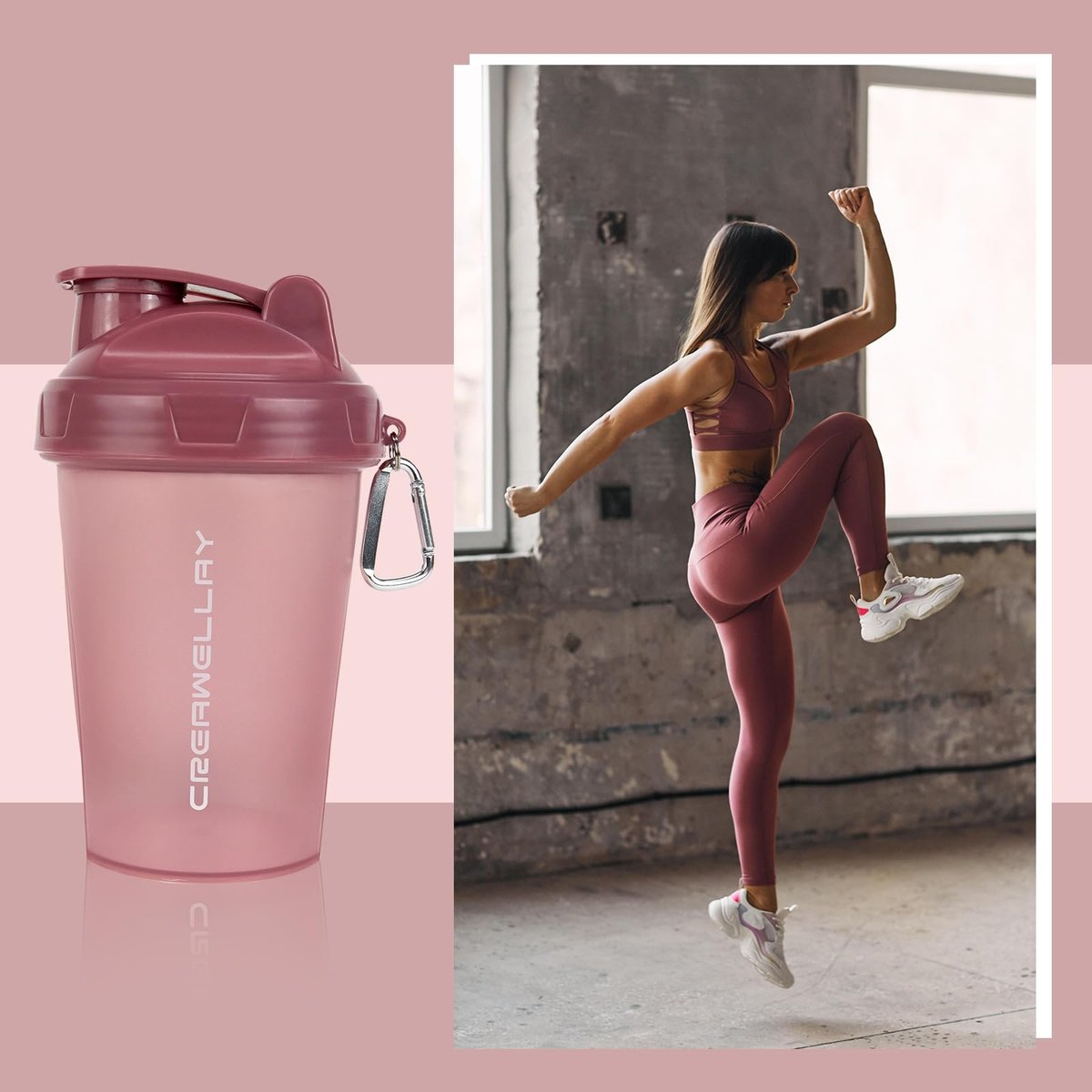 CREAWELLAY 2er-Pack Shakerflaschen für Proteinmischungen, 17 oz Kleine Proteinshakerflasche mit Griff, Gym Shakerbecher mit Mischkugel für Pre-Workout, BPA-frei & spülmaschinenfest (Schwarz, Pink)
