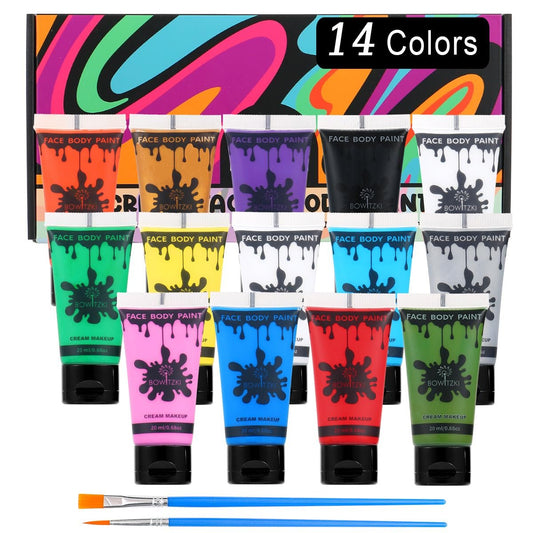 Bowitzki 14 Farben Gesichts- und Körperfarbe Set, Creme Make-up 20ml, wasserbasiertes Bodypainting für Erwachsene, Halloween, Weihnachten, Party, Bühne, Cosplay, 0,7 Unzen pro Farbe