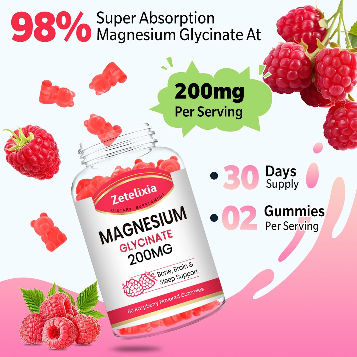 Zetelixia Magnesium Glycinat Gummis – Hochabsorbierendes Magnesium für Entspannung, Himbeergeschmack, 60 Stück