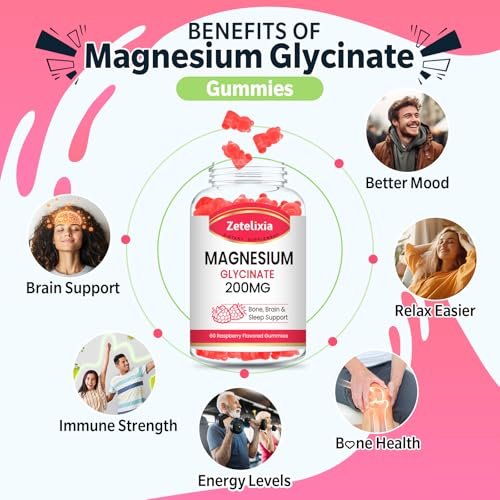 Zetelixia Magnesium Glycinat Gummis – Hochabsorbierendes Magnesium für Entspannung, Himbeergeschmack, 60 Stück