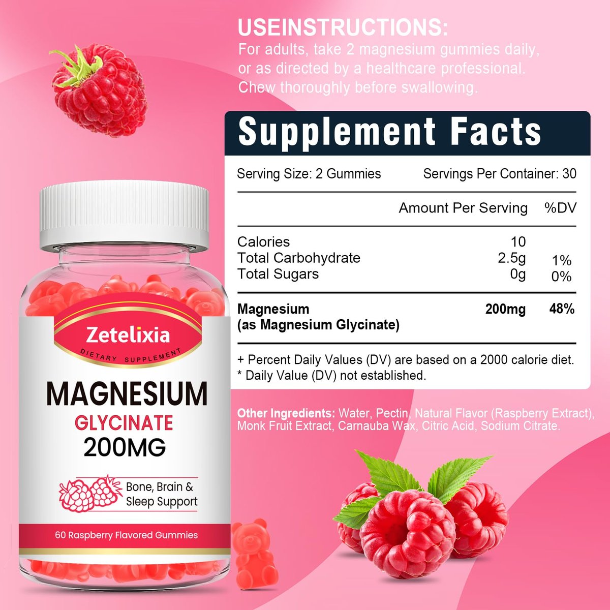 Zetelixia Magnesium Glycinat Gummis – Hochabsorbierendes Magnesium für Entspannung, Himbeergeschmack, 60 Stück