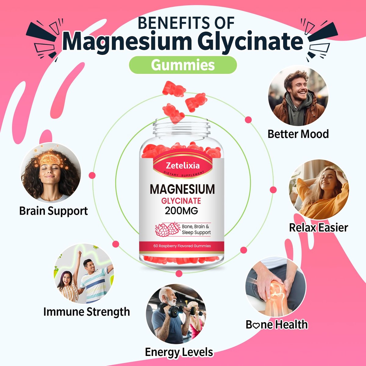 Zetelixia Magnesium Glycinat Gummis – Hochabsorbierendes Magnesium für Entspannung, Himbeergeschmack, 60 Stück