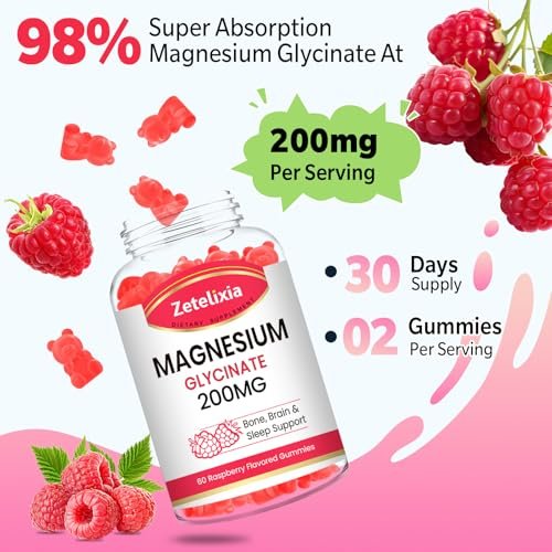 Zetelixia Magnesium Glycinat Gummis – Hochabsorbierendes Magnesium für Entspannung, Himbeergeschmack, 60 Stück