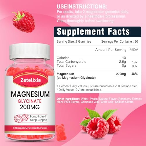 Zetelixia Magnesium Glycinat Gummis – Hochabsorbierendes Magnesium für Entspannung, Himbeergeschmack, 60 Stück