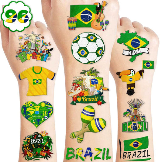 96 Stück Brasilien-Brazil vorgeschnittene temporäre Tattoos – Partyzubehör, Dekoration, Geschenke für Kindergeburtstag, Schulpreise, Karneval, Fußball