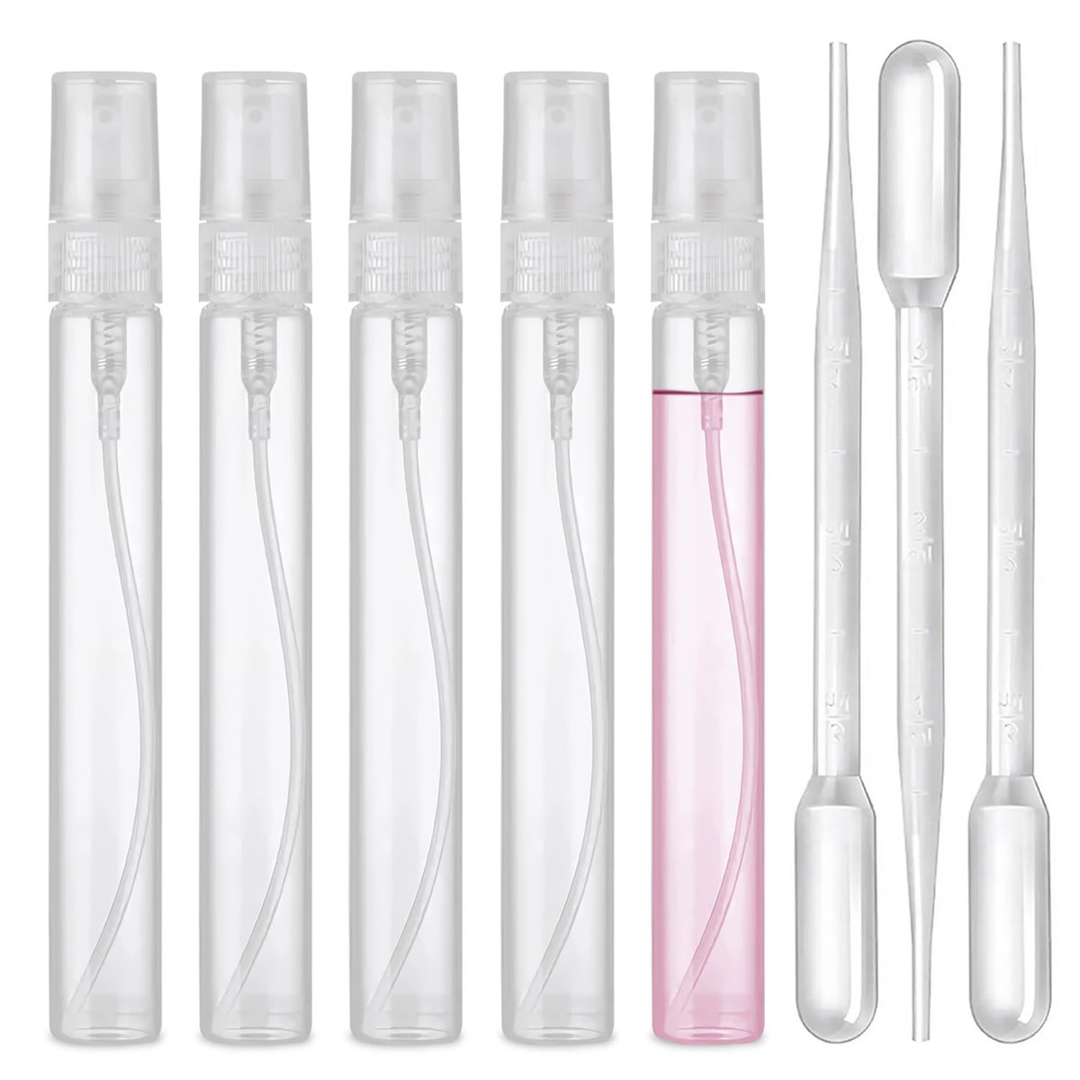 uadbau Mini Sprühflasche, 5 Stück 10 ml Parfümflasche leer mit 3 Transferpipetten, Feinsprüh-Nachfüllbarer Parfümzerstäuber, Kleine leere Probebehälter, Plastik tragbarer Reisebehälter - Transparent