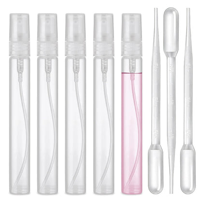 uadbau Mini Sprühflasche, 5 Stück 10 ml Parfümflasche leer mit 3 Transferpipetten, Feinsprüh-Nachfüllbarer Parfümzerstäuber, Kleine leere Probebehälter, Plastik tragbarer Reisebehälter - Transparent