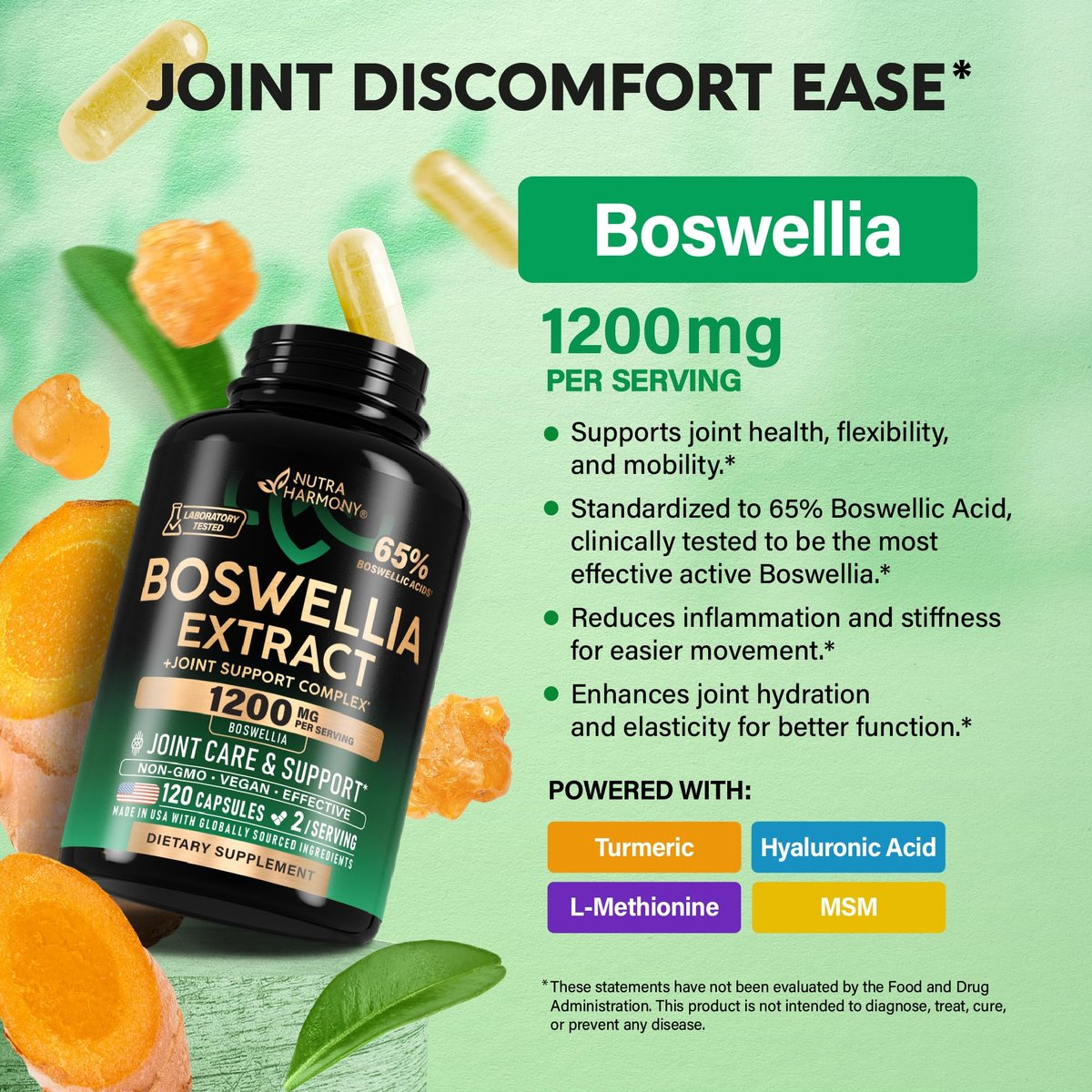 Boswellia 1200 mg - Boswellia-Extrakt mit Kurkuma, Hyaluronsäure, MSM und SAMe - Gelenkgesundheit & Beweglichkeit - 65 % Boswelliasäure - Laborgeprüft - 120 Kapseln