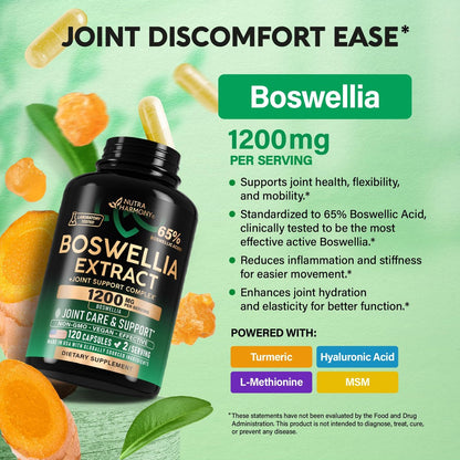 Boswellia 1200 mg - Boswellia-Extrakt mit Kurkuma, Hyaluronsäure, MSM und SAMe - Gelenkgesundheit & Beweglichkeit - 65 % Boswelliasäure - Laborgeprüft - 120 Kapseln